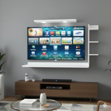 Rack TV flotante instalado en living moderno con panel para TV y mueble bajo