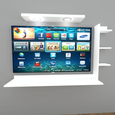 Panel de TV con iluminación LED integrada y repisas flotantes laterales
