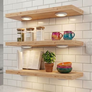 Estantes flotantes roble nebraska con iluminación LED en cocina