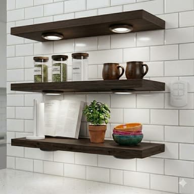 Estantes flotantes marron oscuro con iluminación LED en cocina