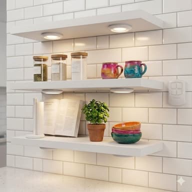Estantes flotantes blancos con iluminación LED en cocina