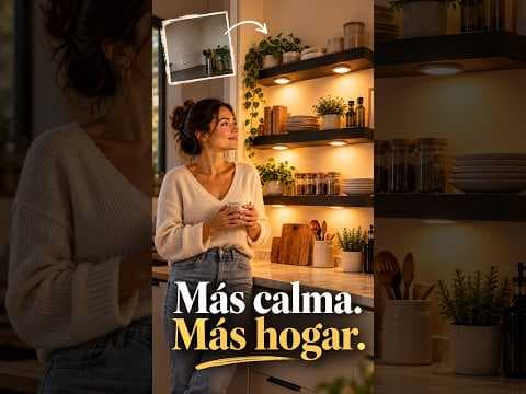 Ambiente de cocina HabitArte con estantes flotantes negros iluminados e isla de madera noble